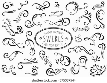 Hand drawn decorative floral curls and swirls collection. Vintage vector design elements. Ink illustration.