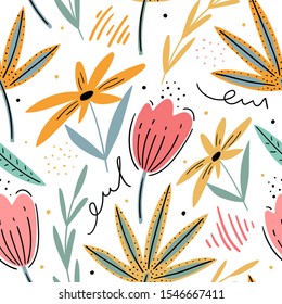 Hand drawn decorative floral and leaves seamless pattern for print, textile, wallpaper. Modern kids girly background with abstract flowers.