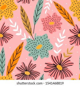 Hand drawn decorative floral seamless pattern for print, textile, wallpaper. Modern kids girly background with abstract flowers.