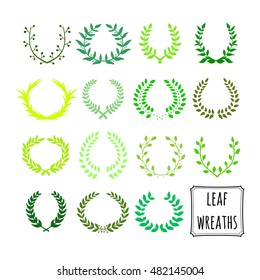 Hand drawn decorative floral set of 15 wreaths made in vector. Unique collection of green wreaths and branches.