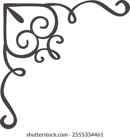 Hand drawn decorative flourish creates a stylish corner element, featuring intricate swirls and elegant curves, suitable for various design projects