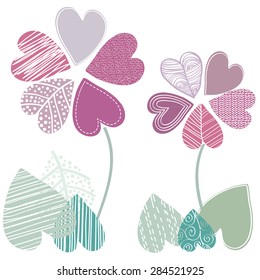 Hand drawn decorative flowers with petal and leaf hearts, vector illustration