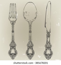 hand drawn decorative fork, knife and spoon 