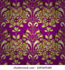 Hand drawn decorative frame, album cover, greeting card, vintage Art deco style. Abstract floral wreath from golden doodle fantasy leaves and flower on a magenta, brown and yellow colors.