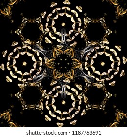 Hand drawn decorative frame, album cover, greeting card, vintage Art deco style. Vector abstract floral wreath from golden doodle fantasy leaves and flower on a black, brown and white colors.