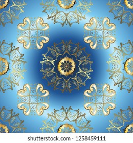 Hand drawn decorative frame, album cover, greeting card, vintage Art deco style. Vector abstract floral wreath from golden doodle fantasy leaves and flower on a blue, neutral and brown colors.