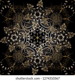 Hand drawn decorative frame, album cover, greeting card, vintage Art deco style. Vector abstract floral wreath from golden doodle fantasy leaves and flower on a black and gray colors.