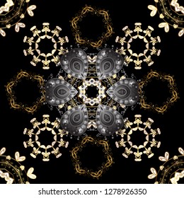 Hand drawn decorative frame, album cover, greeting card, vintage Art deco style. Vector abstract floral wreath from golden doodle fantasy leaves and flower on a black and gray colors.