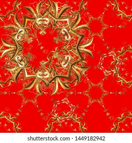 Hand drawn decorative frame, album cover, invitation, greeting card, vintage Art deco style. Vector abstract floral wreath from golden doodle fantasy leaves and flower on a brown and red colors.