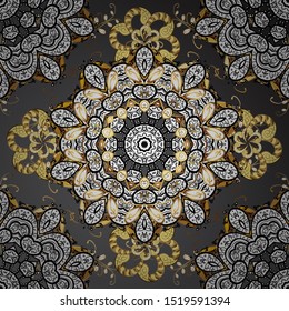 Hand drawn decorative frame, album cover, greeting card, vintage Art deco style. Vector abstract floral wreath from golden doodle fantasy leaves and flower on a gray and white colors.