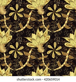 Hand drawn decorative frame, album cover, greeting card, vintage Art deco style. Vector abstract floral wreath from golden doodle fantasy leaves and flower on a brown, gray and black colors.