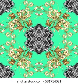 Hand drawn decorative frame, album cover, invitation, greeting card, vintage Art deco style. Vector abstract floral wreath from golden doodle fantasy leaves and flower on a green background.