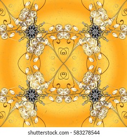 Hand drawn decorative frame, album cover, invitation, greeting card, vintage Art deco style. Vector abstract floral wreath from golden doodle fantasy leaves and flower on a yellow background.