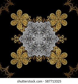 Hand drawn decorative frame, album cover, invitation, greeting card, vintage Art deco style. Vector abstract floral wreath from golden doodle fantasy leaves and flower on a black background.