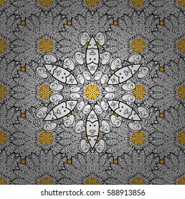 Hand drawn decorative frame, album cover, invitation, greeting card, vintage Art deco style. Vector abstract floral wreath from white doodle fantasy leaves and flower on a yellow background.