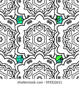 Hand drawn decorative frame, album cover, invitation, greeting card, vintage Art deco style. Vector abstract floral wreath from green doodle fantasy leaves and flower on a stripes background.
