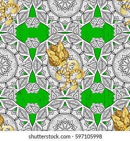 Hand drawn decorative frame, album cover, invitation, greeting card, vintage Art deco style. Vector abstract floral wreath from golden doodle fantasy leaves and flower on a green background.