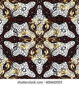 Hand drawn decorative frame, album cover, invitation, greeting card, vintage Art deco style. Vector abstract floral wreath from golden doodle fantasy leaves and flower on a brown background.