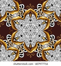 Hand drawn decorative frame, album cover, invitation, greeting card, vintage Art deco style. Vector abstract floral wreath from golden doodle fantasy leaves and flower on a brown background.