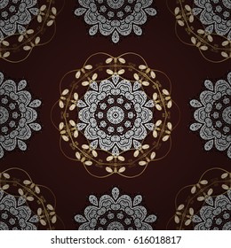 Hand drawn decorative frame, album cover, invitation, greeting card, vintage Art deco style. Vector abstract floral wreath from golden doodle fantasy leaves and flower on a brown background.