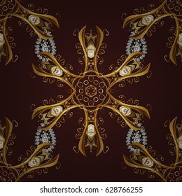 Hand drawn decorative frame, album cover, invitation, greeting card, vintage Art deco style. Vector abstract floral wreath from golden doodle fantasy leaves and flower on a brown background.