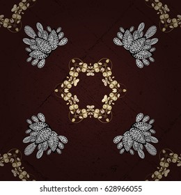 Hand drawn decorative frame, album cover, invitation, greeting card, vintage Art deco style. Vector abstract floral wreath from golden doodle fantasy leaves and flower on a brown background.