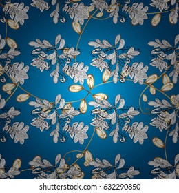 Hand drawn decorative frame, album cover, invitation, greeting card, vintage Art deco style. Vector abstract floral wreath from golden doodle fantasy leaves and flower on a blue background.