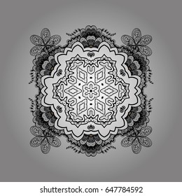 Hand drawn decorative frame, album cover, greeting card, vintage Art deco style. Vector abstract floral wreath from dim doodle fantasy leaves and flower on a gray background.