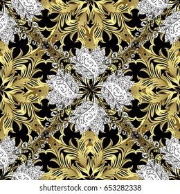 Hand drawn decorative frame, album cover, invitation, greeting card, vintage Art deco style. Vector abstract floral wreath from golden doodle fantasy leaves and flower on a black background.