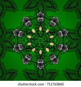 Hand drawn decorative frame, album cover, invitation, greeting card, vintage Art deco style. Vector abstract floral wreath from white doodle fantasy leaves and flower on a green and white background.