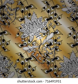 Hand drawn decorative frame, album cover, invitation, greeting card, vintage Art deco style. Vector abstract floral wreath from golden doodle fantasy leaves and flower on a beige, white, yellow colors