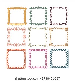 Hand Drawn Decorative Frame and Border Set, Abstract Doodle Square Frames Collection, Colorful Naive Style Illustration Elements for Design and Scrapbook