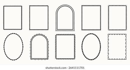 Hand drawn decorative frame set. Sketch-style borders in square, oval, and arched shapes. Doodle geometric, scalloped, and wavy line frames. Minimalist frames for posters, invitations, weddings.