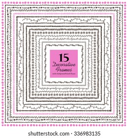 Hand drawn decorative frames set. Vector illustration of 15 cute frames in tribal style.