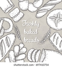 Panadería de pan fresco decorada a mano. Ilustración vectorial.
