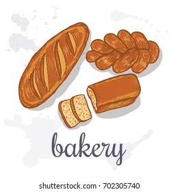 Hand drawn decorative fresh bread bakery . Vector Illustration.
