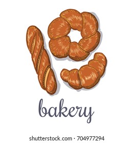Hand drawn decorative fresh bread bakery . Vector Illustration.