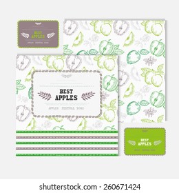 Hand drawn decorative fruit cards set with apples, design elements. Can be used for invitations, gift wrap, print, scrapbooking, flyers, greetings. Food theme
