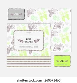 Hand drawn decorative fruit cards set with grapes, design elements. Can be used for invitations, gift wrap, print, scrapbooking, flyers, greetings. Food theme