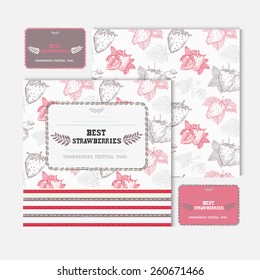 Hand drawn decorative fruit cards set with strawberries, design elements. Can be used for invitations, gift wrap, print, scrapbooking, flyers, greetings. Food theme