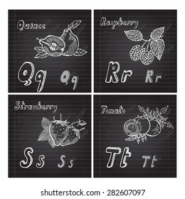 Hand drawn decorative fruits alphabet, design elements. Can be used for cards, invitations, gift wrap, print, scrapbooking. Education school theme. Chalkboard background