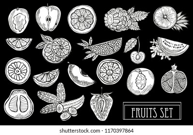Hand drawn decorative fruits set, design elements. Can be used for cards, invitations, scrapbooking, print, manufacturing. Food, kitchen theme. Line art style