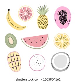 Hand drawn decorative fruits set for print, decor. Kids illustration.