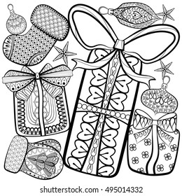 Hand Drawn Decorative gift boxes, Christmas toys, socks and mitten. Vector illustration in zentangle style. Sketch for New Year posters and greeting cards, adult anti stress coloring pages