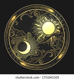 Hand Drawn Decorative Graphic Design Element In Oriental Style. Sun, Moon, Clouds And Comets. Vector Illustration.