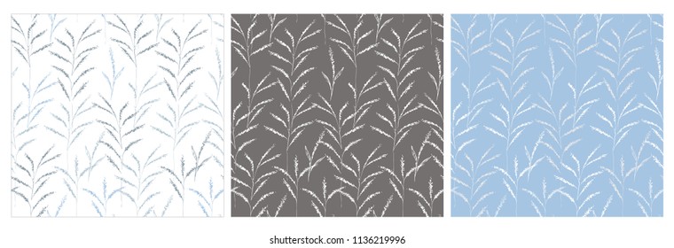 Hand Drawn Decorative Grass Vector Pattern Set. Delicate Abstract Sketch. Various Colors. Soft Floral Design. Blue, White and Grey Backgrounds.