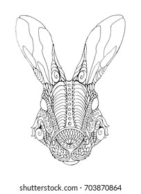 Hand drawn decorative hare portrait, black and white, zentangle