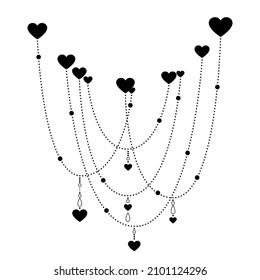 Hand drawn decorative hearts. Romantic ornament with chain of dots and hearts. Valentines day. Vector illustration isolated on white background