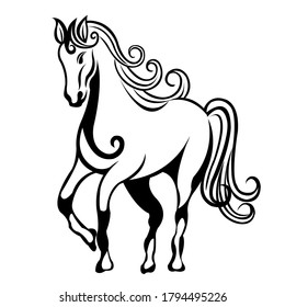 Hand drawn decorative horse for for the anti stress coloring page. Hand drawn black decorative horse isolated on white background.