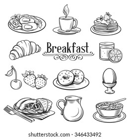 Hand drawn decorative icons breakfast . Vector Illustration.